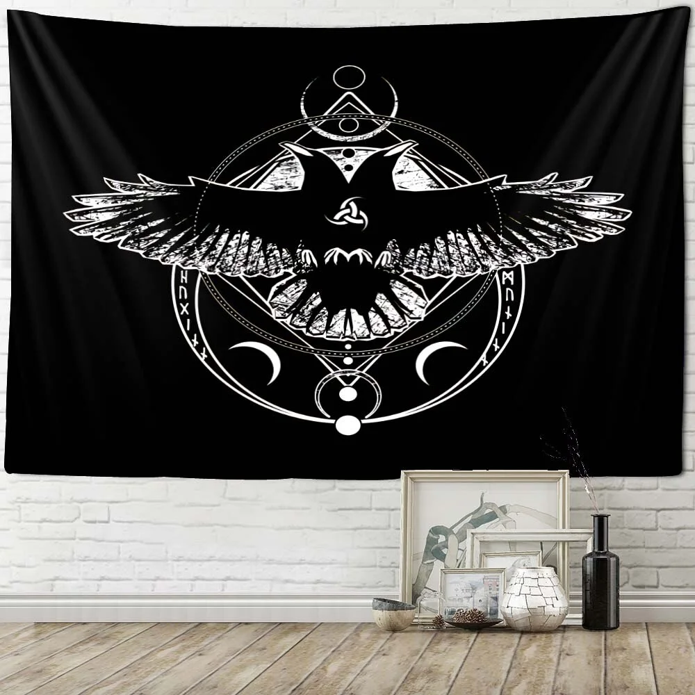 Nigikala Crow Tapestry Psychedelic Rune Character Art Wall Hanging Home Wall Decor Hippie Witchcraft Tarot Room Background Cloth
