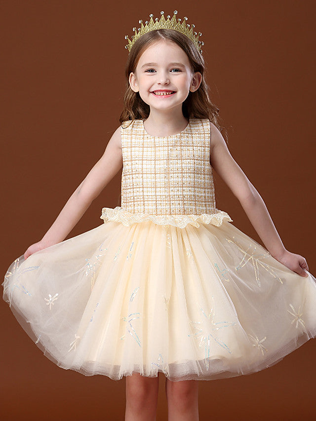 Oknass Ball Gown Knee Length Sleeveless Jewel Neck Flower Girl Dresses  Tulle  With Ruffles  Splicing