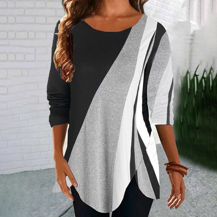 Comstylish Comstylish Fashion Contrast Color Crew Neck Pullover Blouse