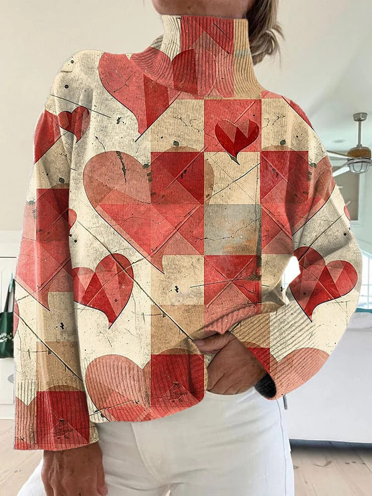 Valentine's Day Vintage Love Art Print Knit Turtleneck Pullover Sweater
