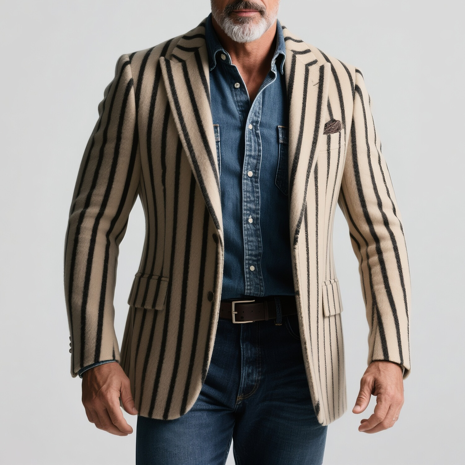 Men's Peaked Lapel Long Sleeve Two Button Chest Pocket Black Striped Blazer