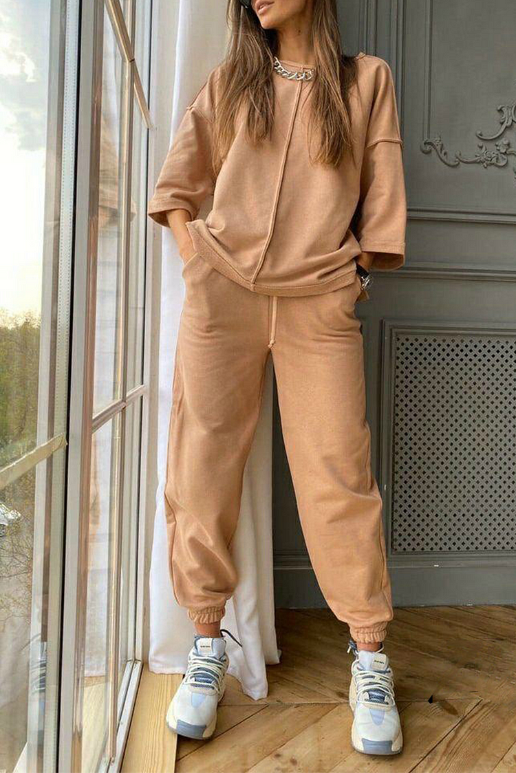 Casual Solid Draw String Basic O Neck Half Sleeve Two Pieces
