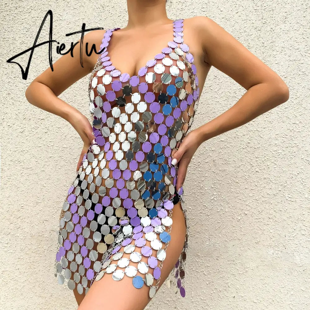 Sexy Dress Fashion Elegant Dresses Performance Creative Patchwork Colorful Slit Bead Sequins Body Chain Female Outfit Y2k Aiertu
