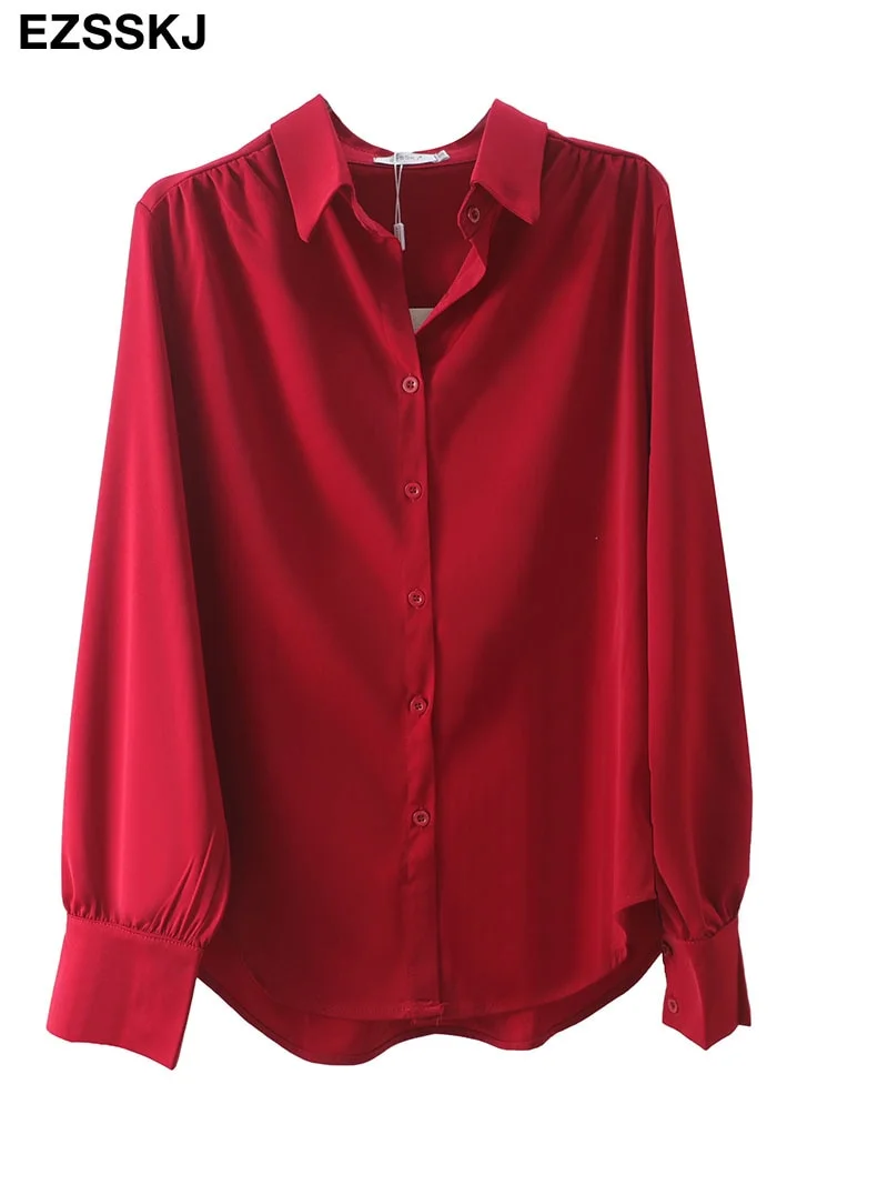 high quality 2022 new chic casual loose thick silk blouse shirt women solid color oversize long sleeve Fàguó blouse shirt basic