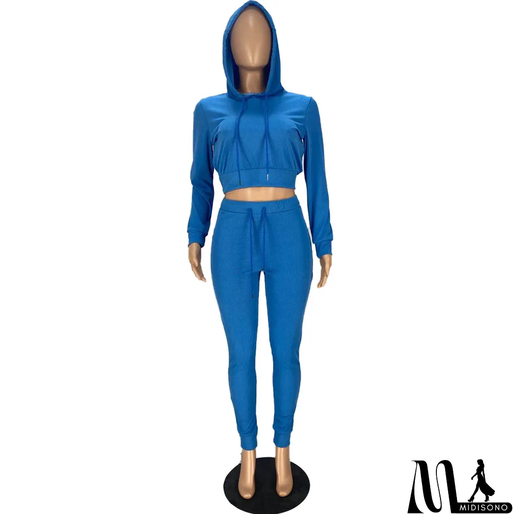 MidiSono - Autumn Knitted Solid Stretchy Hoodie Sweatpants Two Piece Set