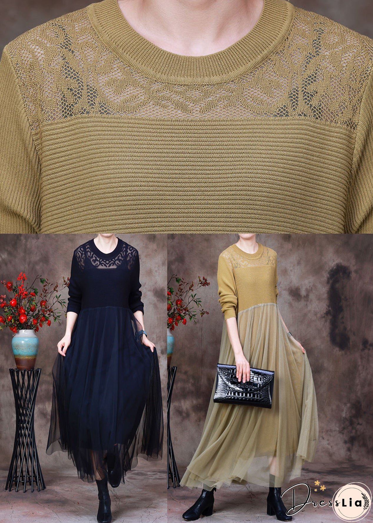 Stylish Yellow O-Neck Tulle Patchwork Knit Dress Long Sleeve
