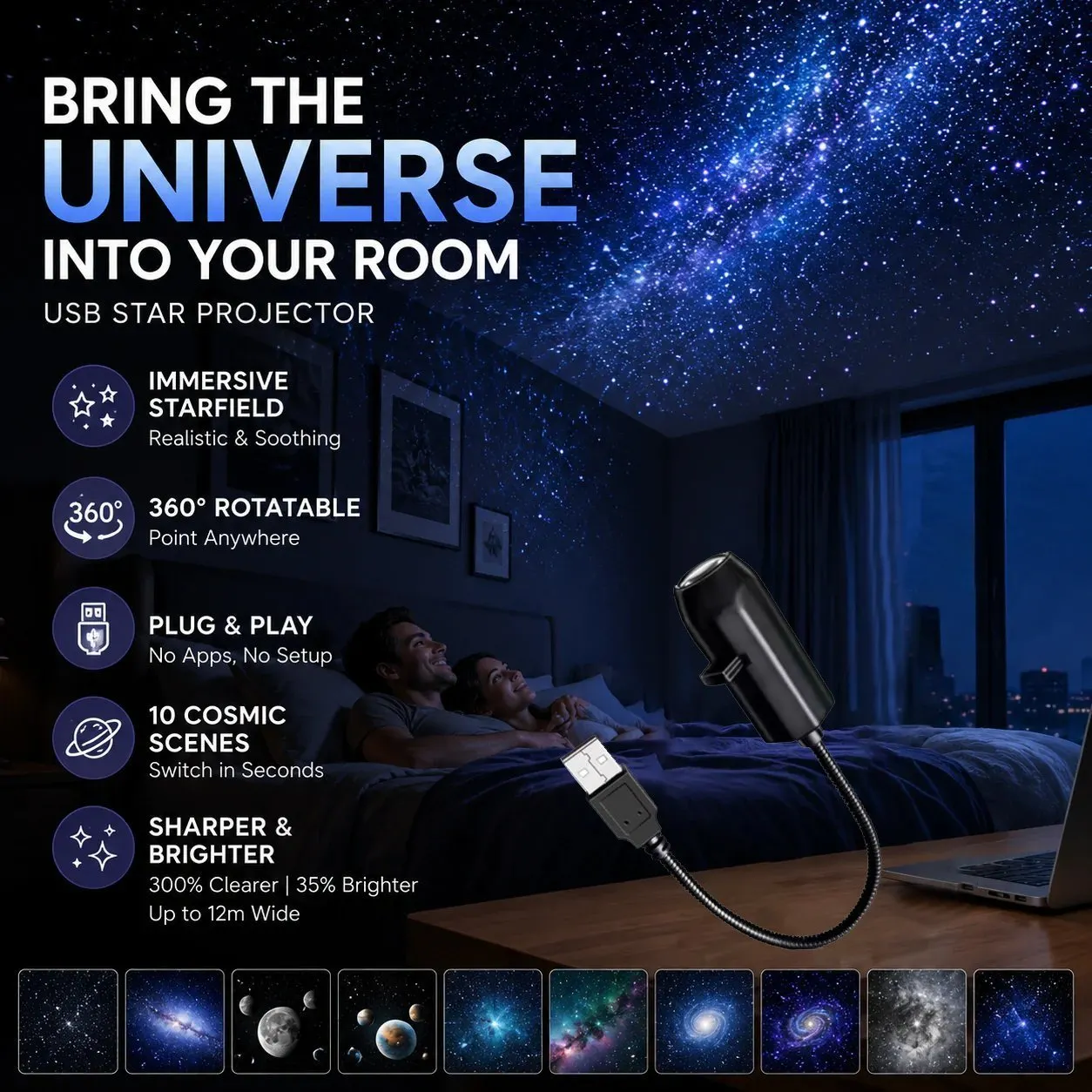 Adjustable focus lens on USB star projector light
