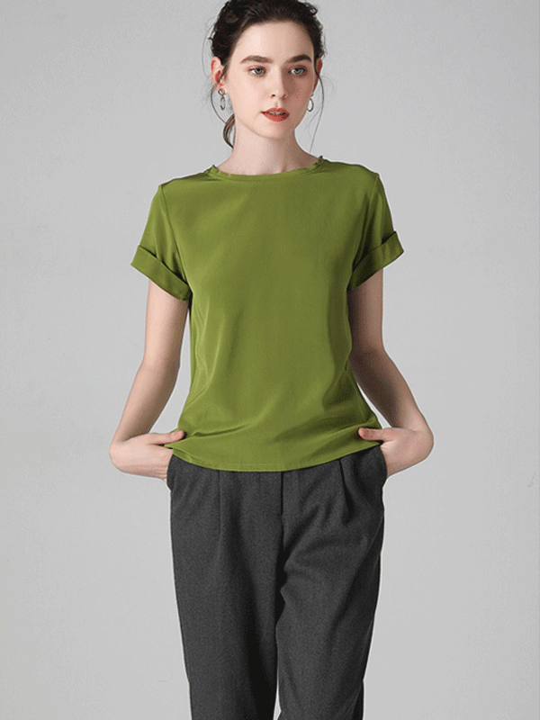 Green Short Sleeve Round Neck Silk Tee-Luxury Silk Life
