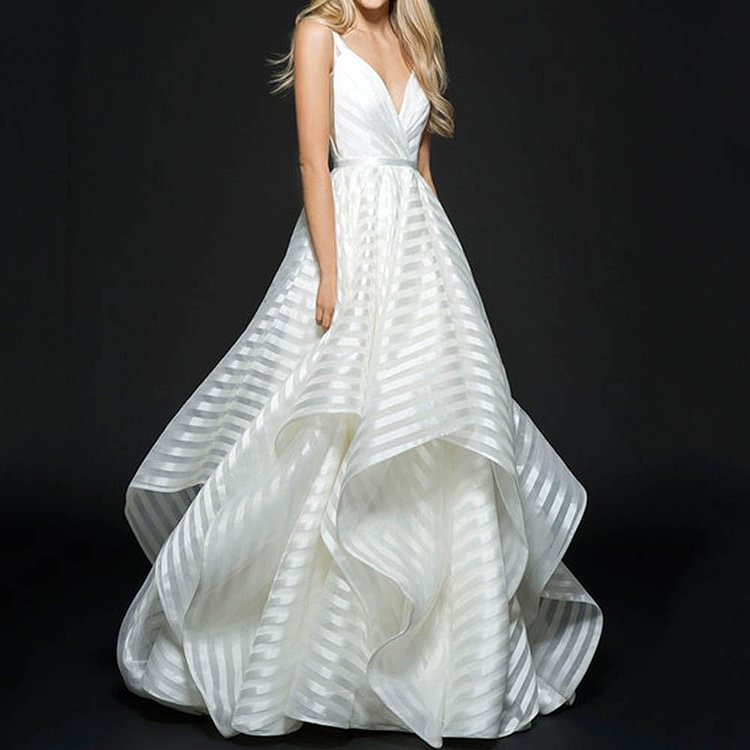 Lace off shoulder stripes side slit wedding dress