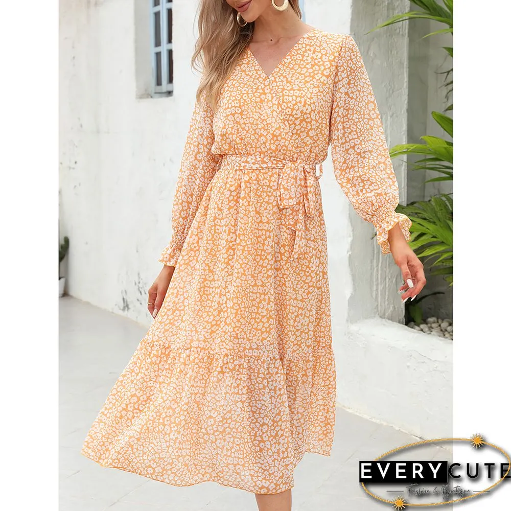 Yellow Floral Print V Neck Long Sleeve Swing Dress