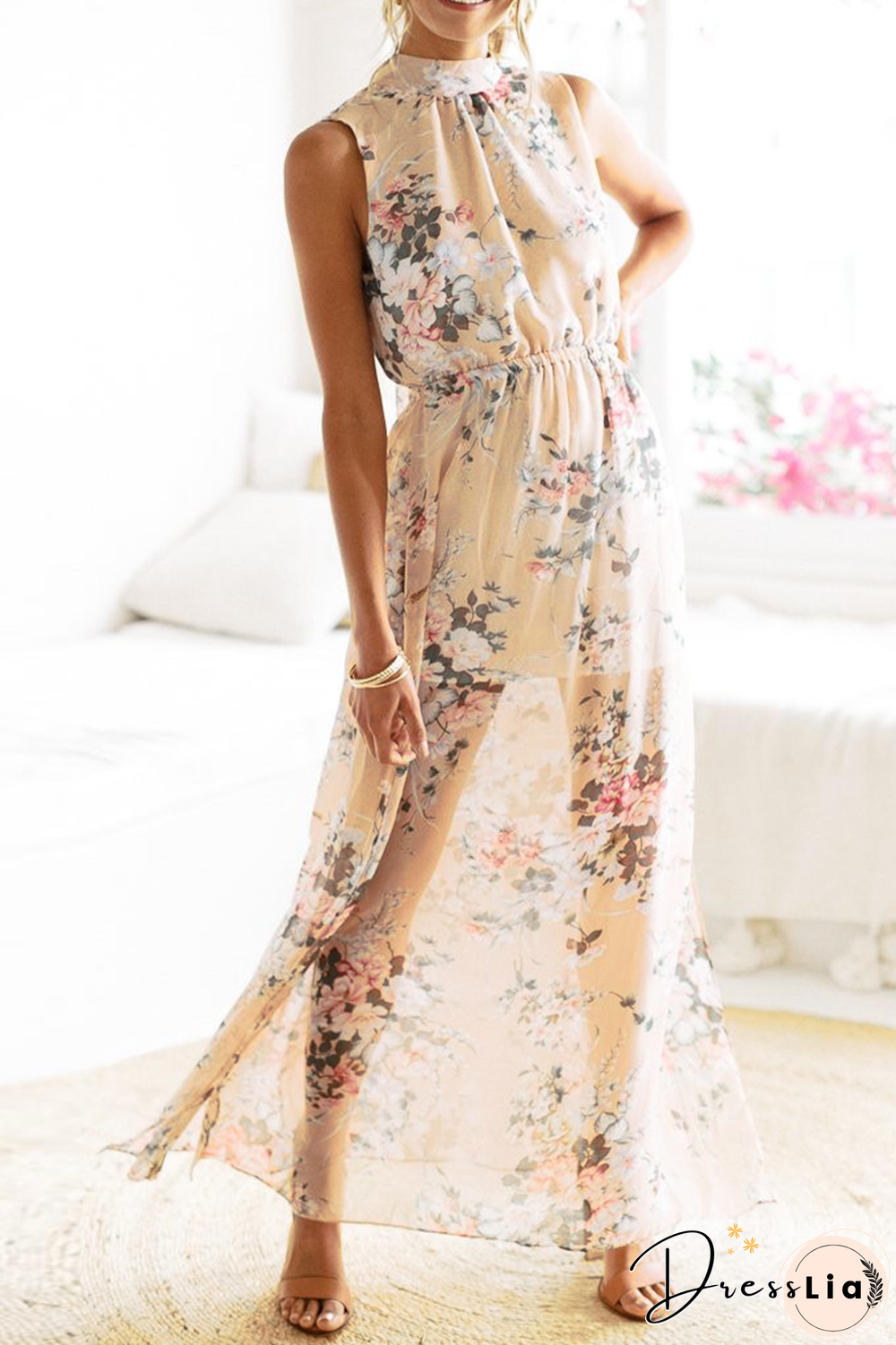 Casual Print Backless Mesh Halter Dresses