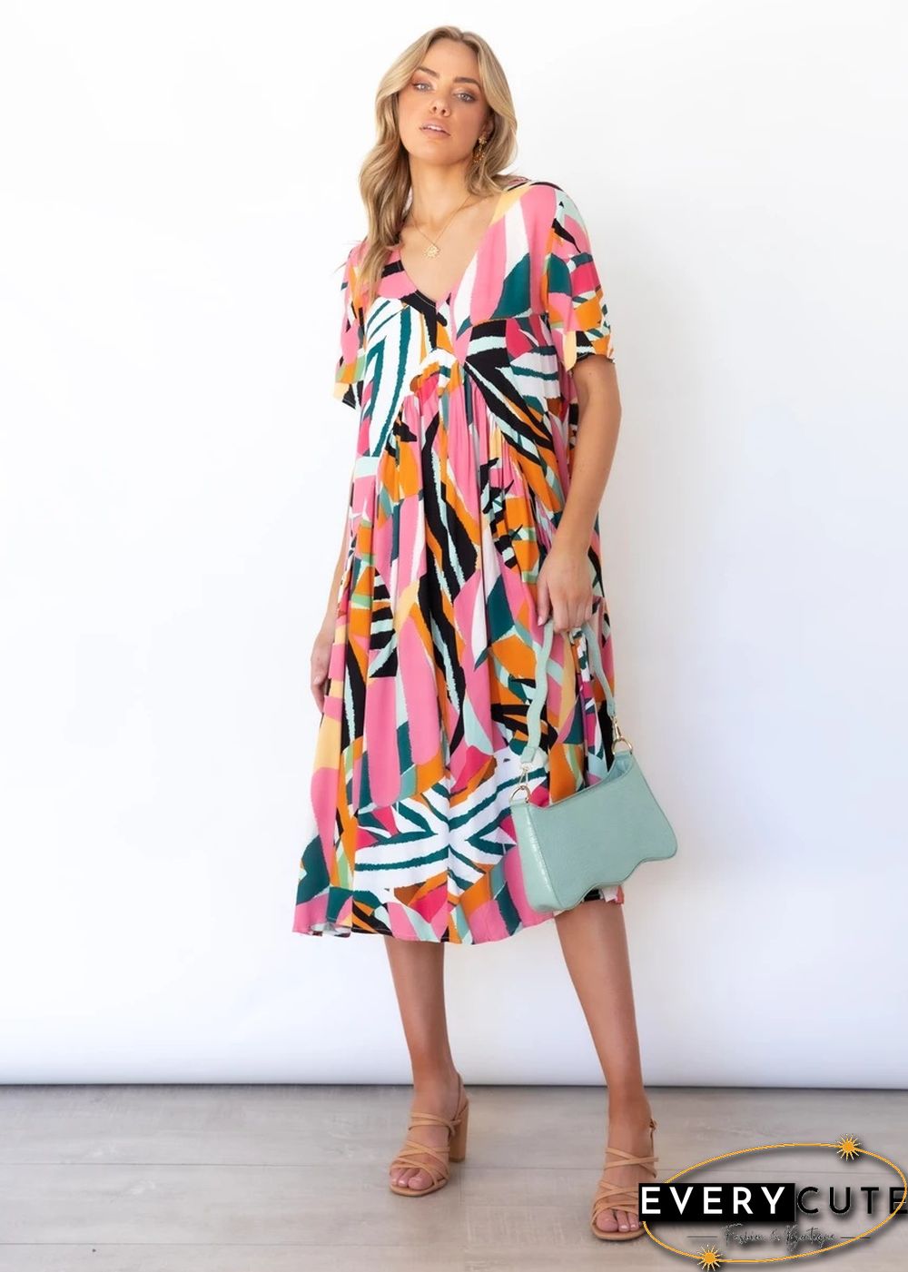 Loose V Neck Printed Short Sleeve Dress