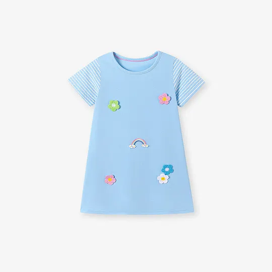 【18M-7Y】Girls' Striped Cute Dress With 3D Rainbow Flower