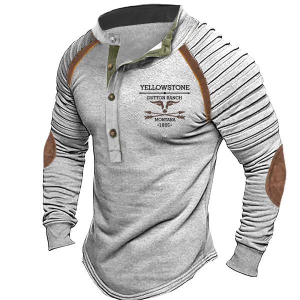 Men's Vintage Western Yellowstone Henley Stand Collar TShirt