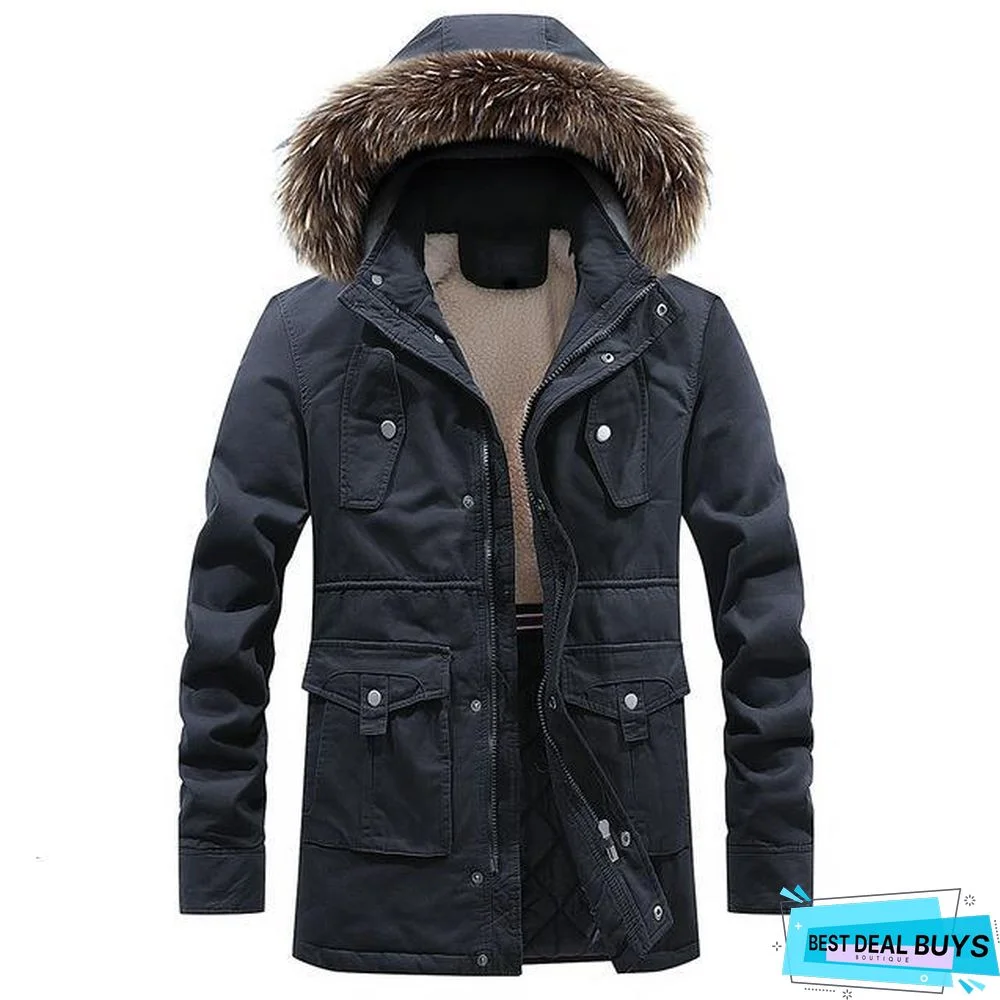 Men Long Casual Thick Warm Fleece Jacket Parkas Men Outfit Fashion Fur Collar Hooded 100% Cotton Coat Parkas