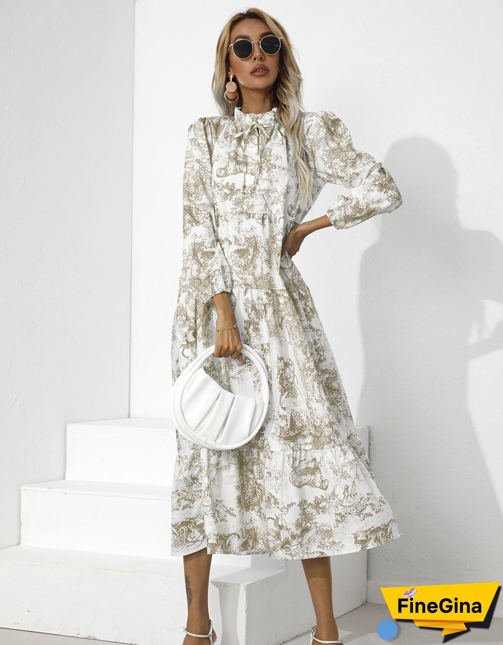 Printed Round Neck Loose Long Sleeve Dress
