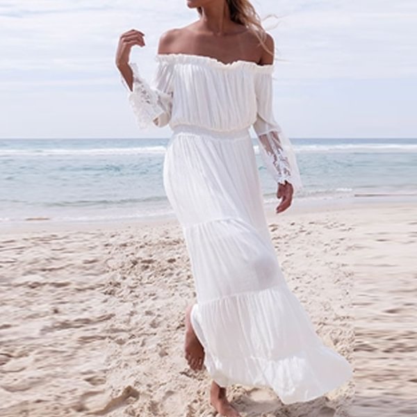 Female Strapless Long Dress Sundress Long Women White Beach Dress Summer Off Shoulder Loose Sexy Lace Boho Cotton Maxi Dres - Chicaggo