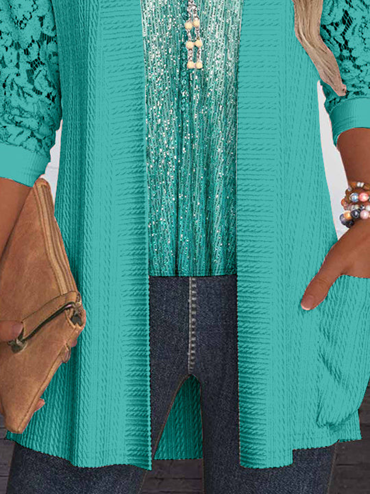 Women Long Sleeve Scoop Neck Polka Dot Printed Printed Graphic Pockets Lace Two-Pieced Tops