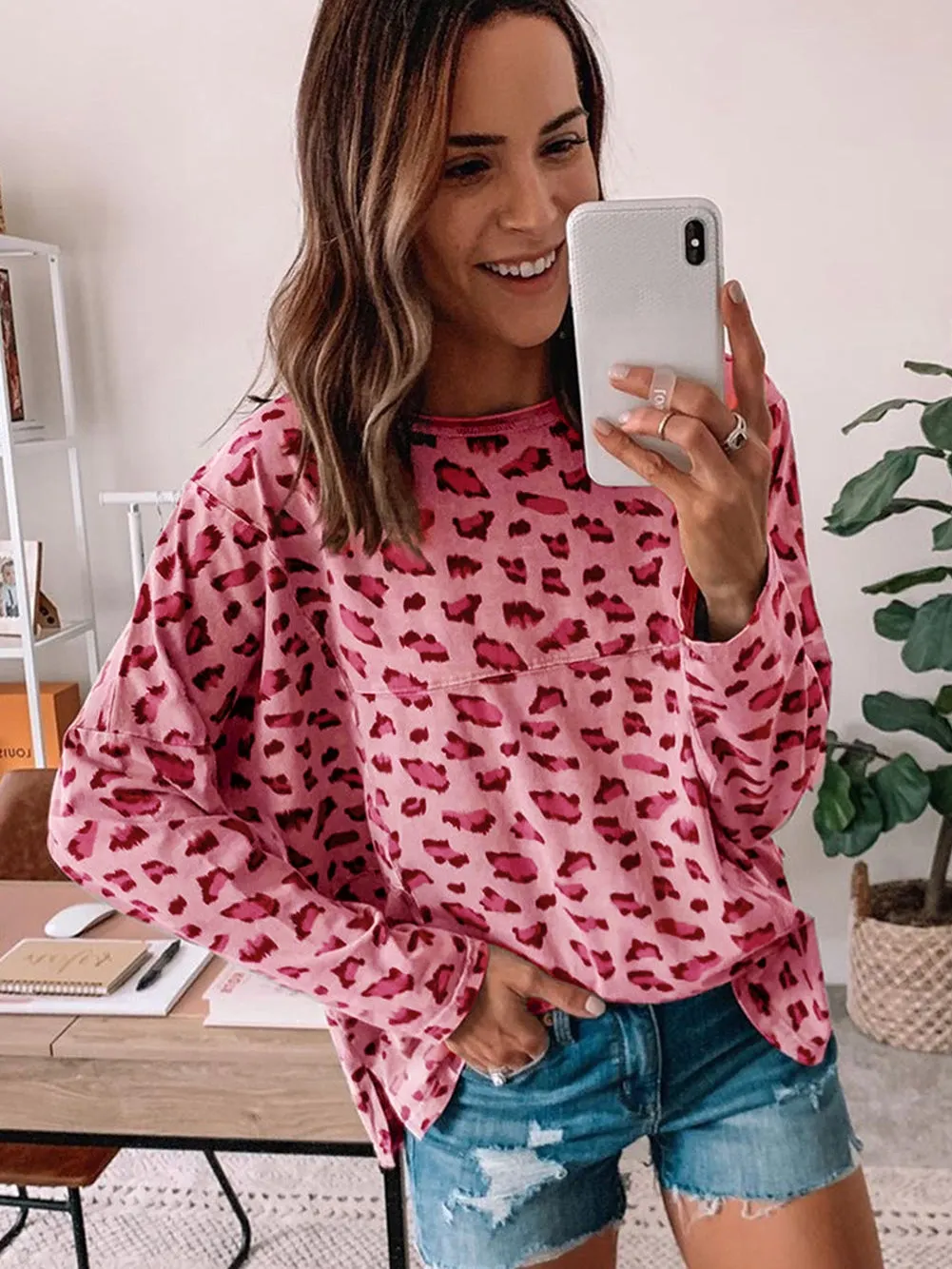 Pink Leopard Print Relaxed Fit Long Sleeve Top