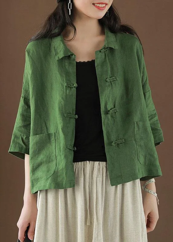 Beautiful Green Peter Pan Collar Pockets Summer Linen top