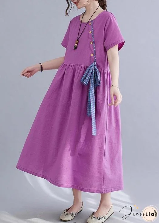Natural Purple O-Neck Linen Summer Cotton Dress