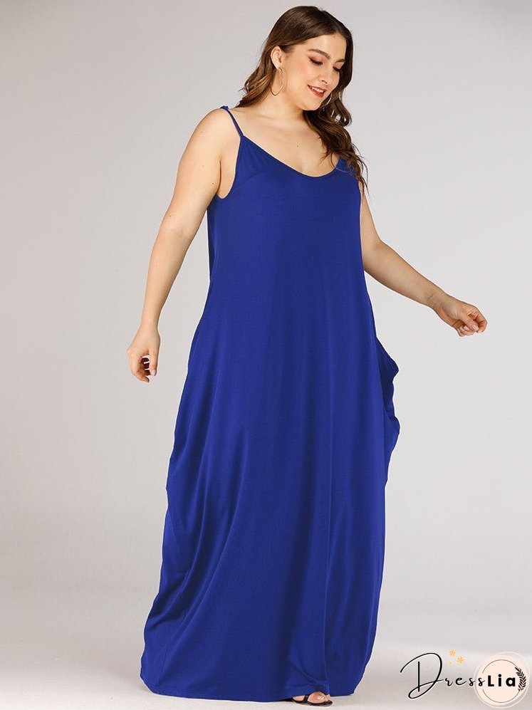 Solid Loose Double Pocket Sling Long Dress