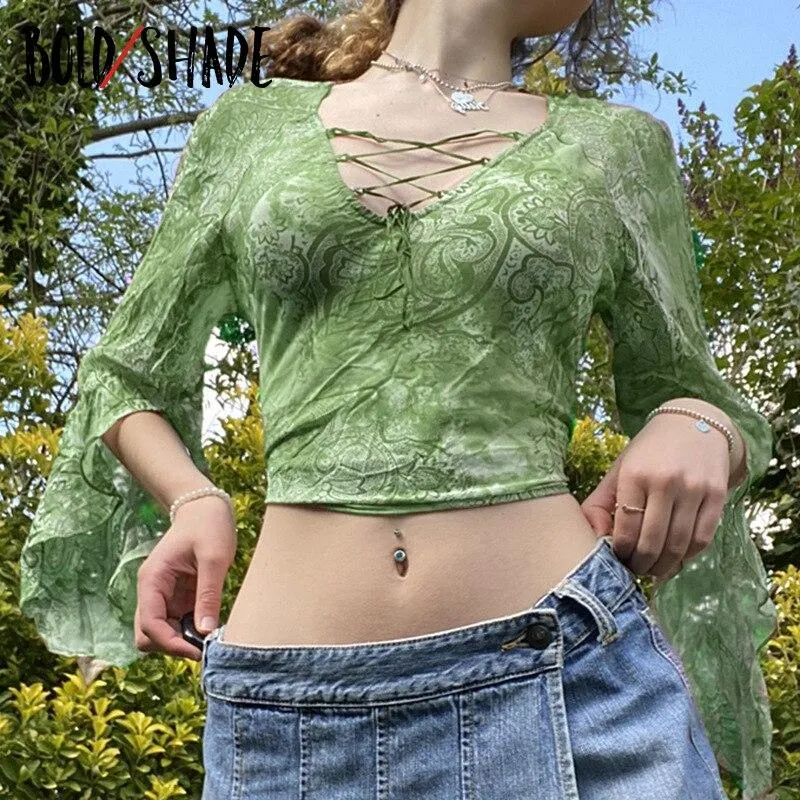 Bold Shade Fairy Core Women Tops Lace Up V-neck Sexy Flare Sleeve Indie Fashion Vintage T-Shirts Autumn Floral Printing Tshirt