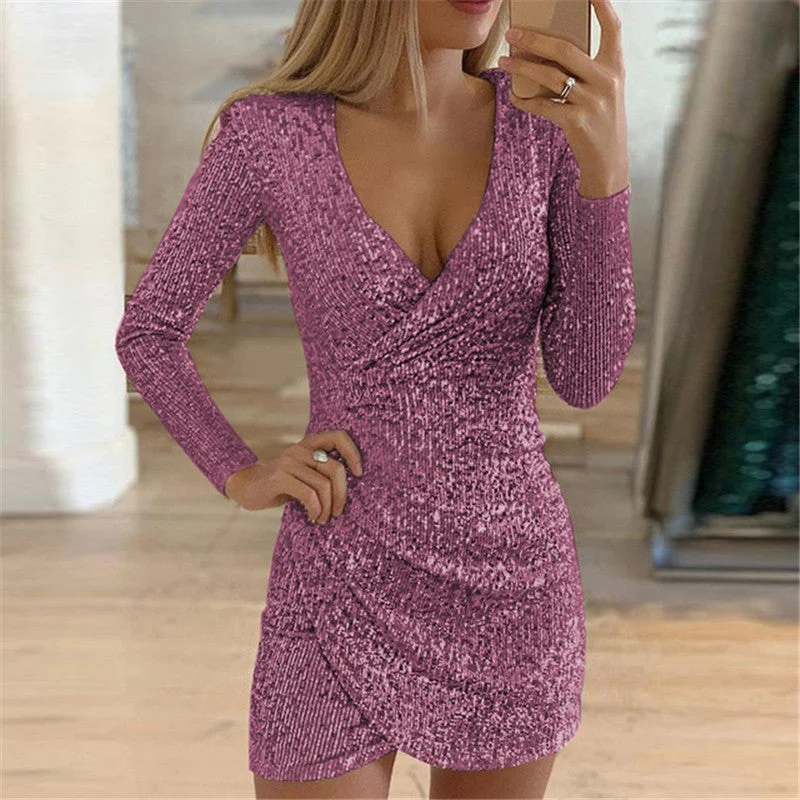 Sexy V-neck cropped skirt Sequin dress