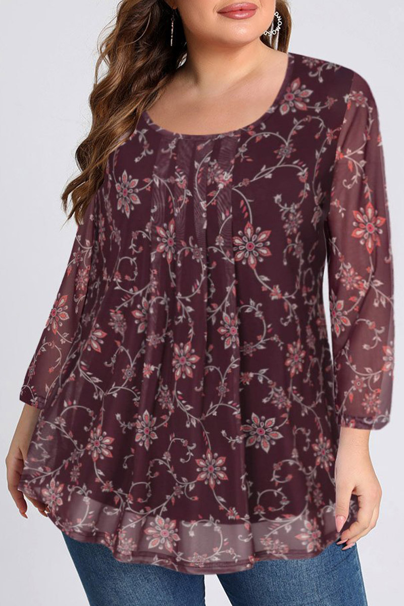 Flycurvy Plus Size Casual Brown Mesh Floral Print Flowy Pleated Blouses