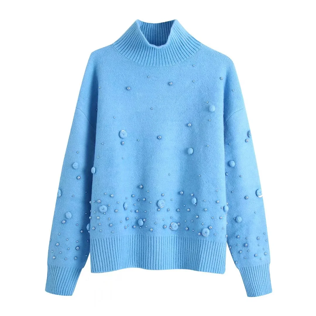 Willshela Women Fashion Knit Sweater with Pompom Sequin Detail Long Sleeves High Neck Casual Woman Knitted Sweaters Pullover