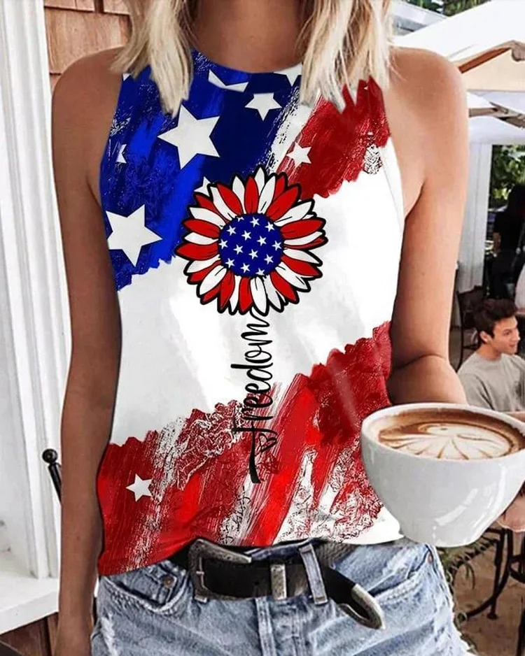 Red White Blue Sunflower  4th Of July Print Casual Sleeveless Tank socialshop