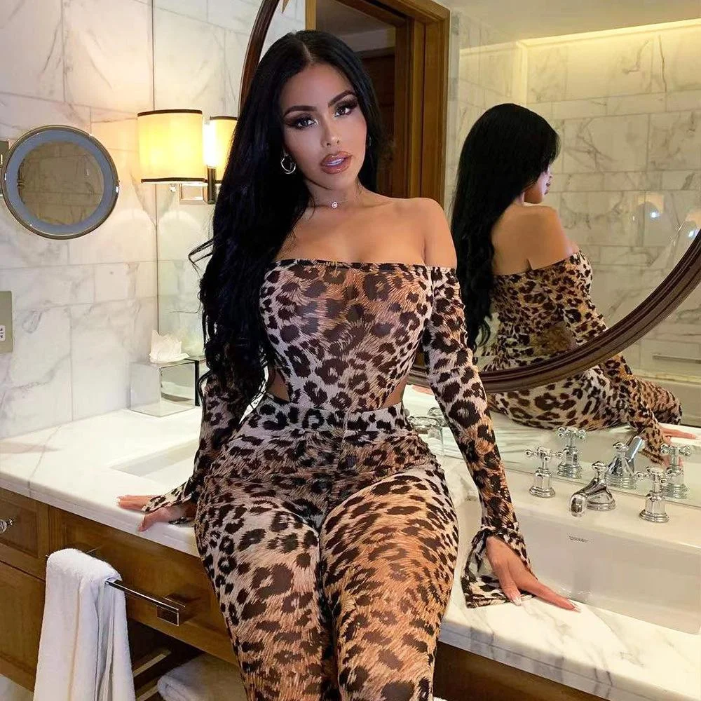 Off shoulder waist hollow leopard slim jumpsuit-zachics
