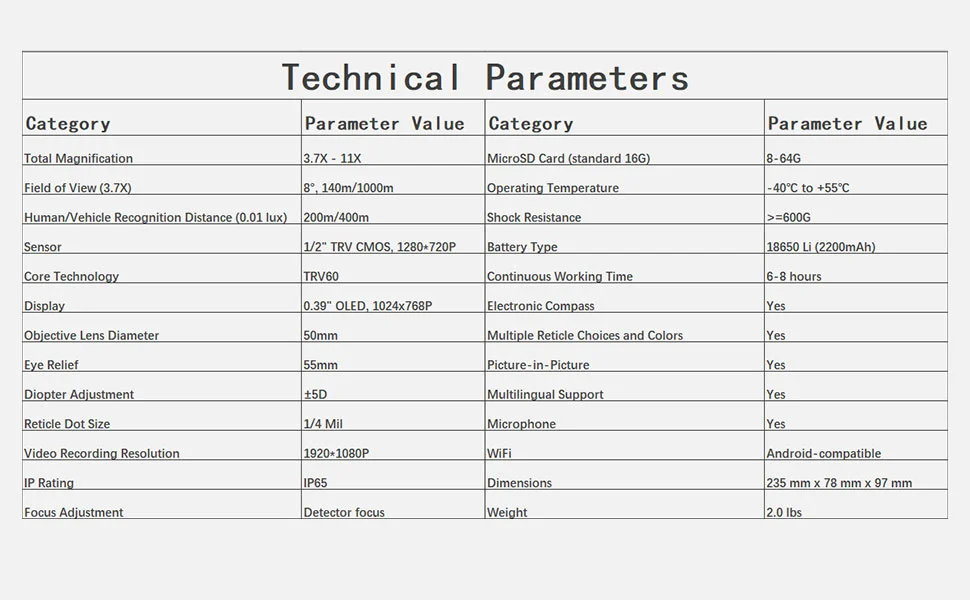 Digital Night Vision Scope HD 3.7-11X50 Tactical Sight Hunting Monocular Night Vision Weapon Riflescope