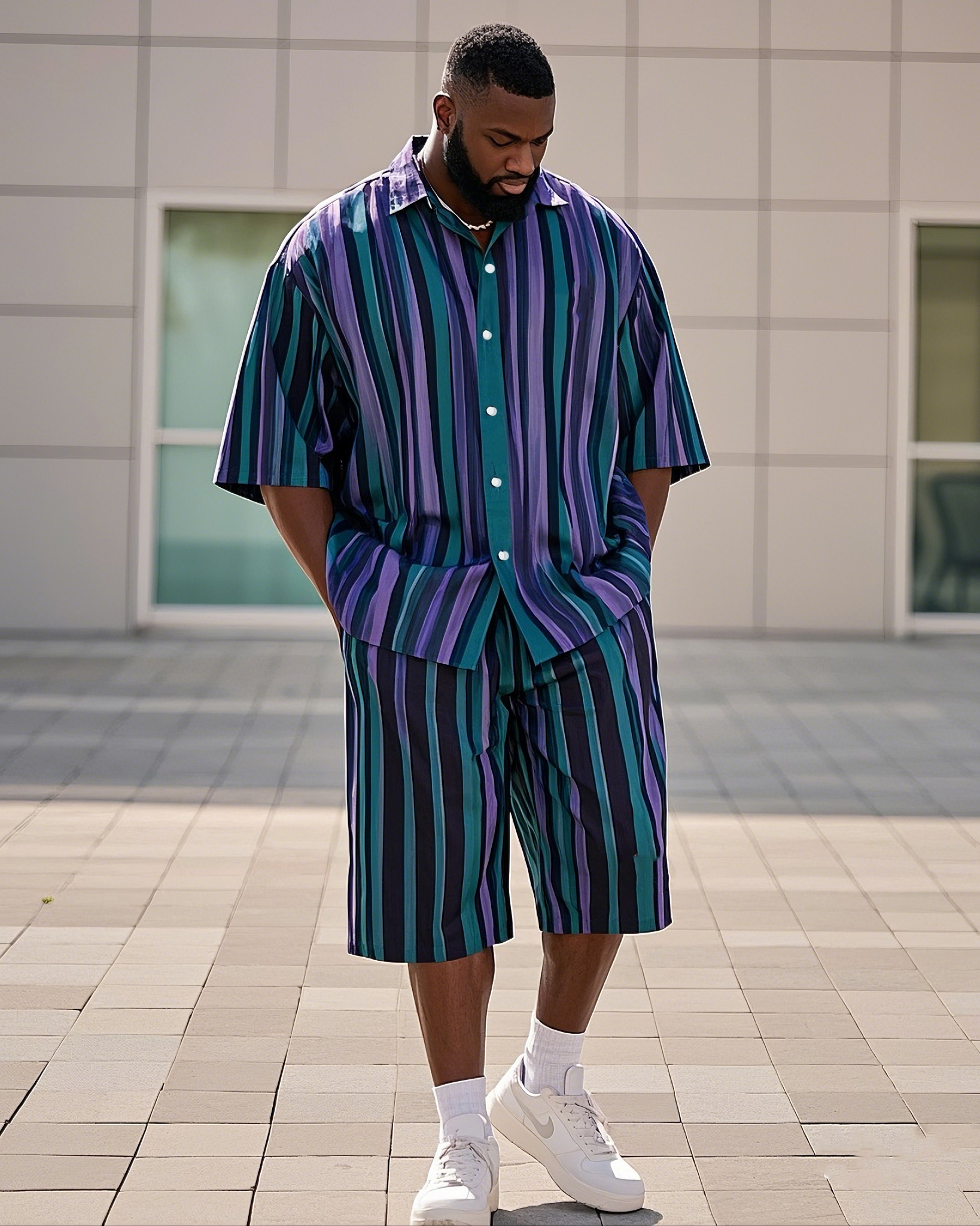 Big Men's-Hot Sale Green Purple Striped Color Block Printed Short Sleeve Shirt Shorts Suit
