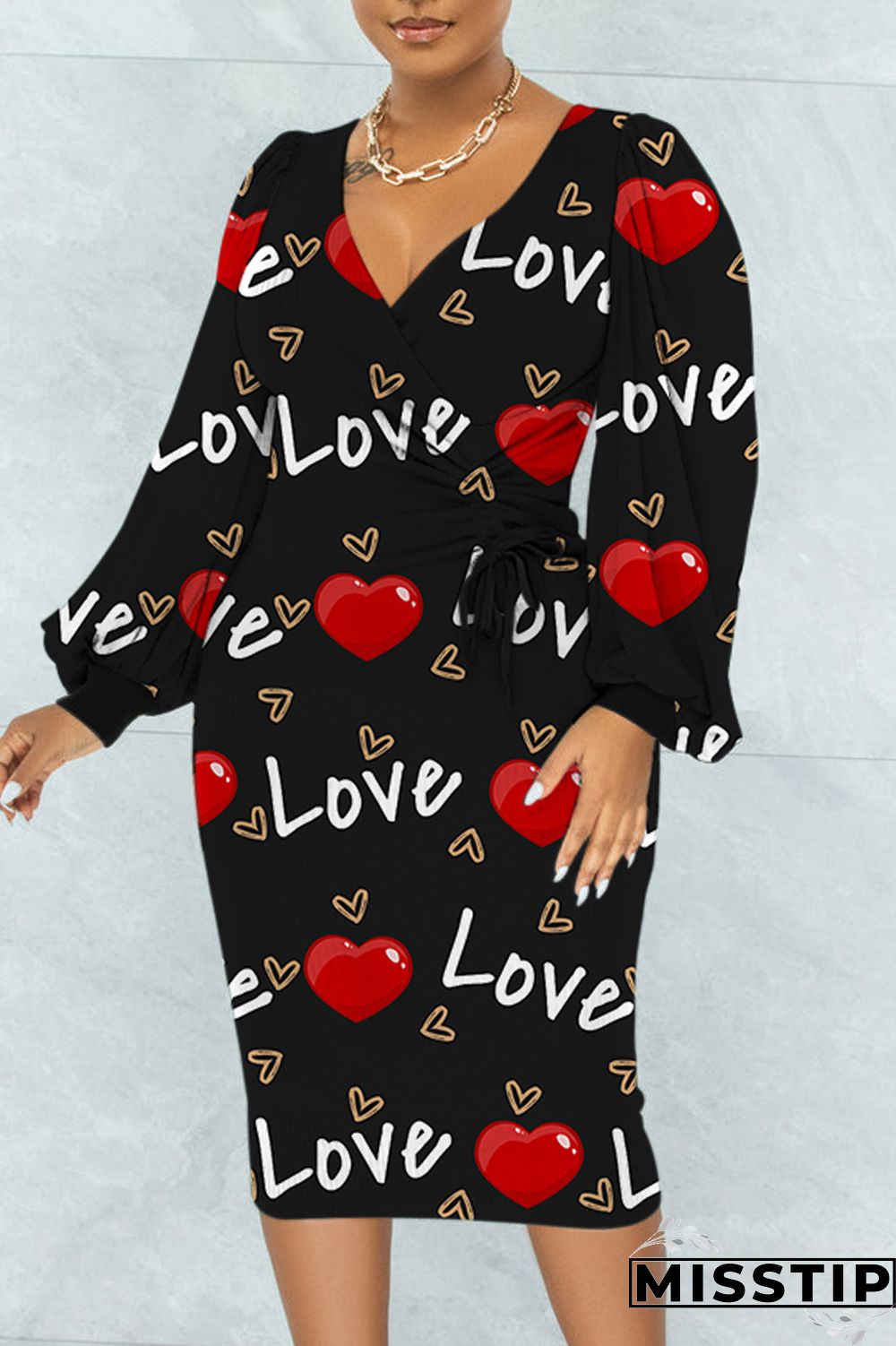 Black Casual Daily Print Fold V Neck Printed Dress Dresses