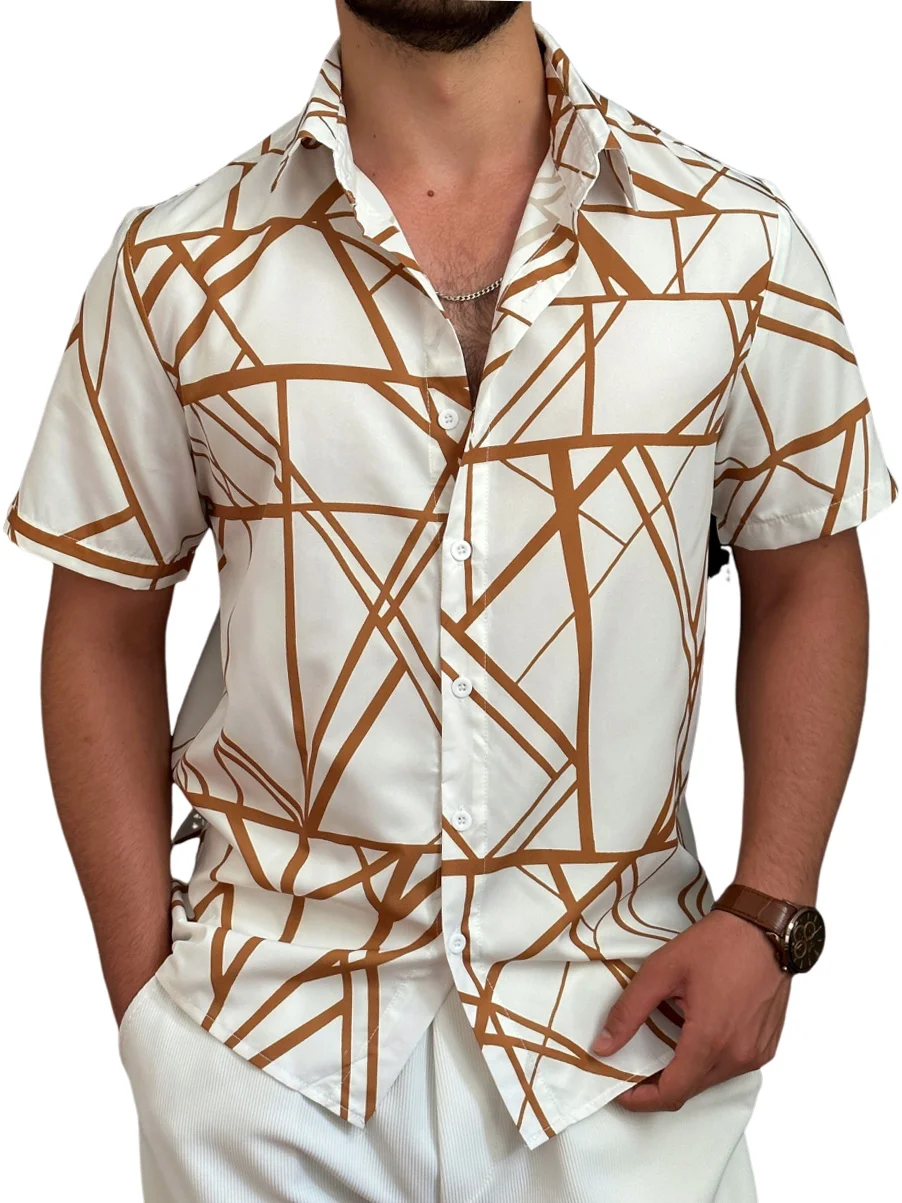 Men's Casual Irregular Line Printed Short-Sleeved Shirt