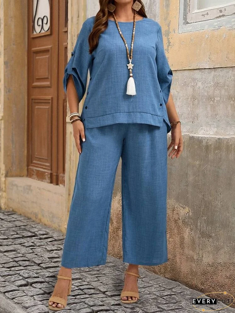 Summer Plus Size Women's Buttoned Round Neck Rolled Sleeve Shirt And Wide Leg Loose Pants Two-Piece Set