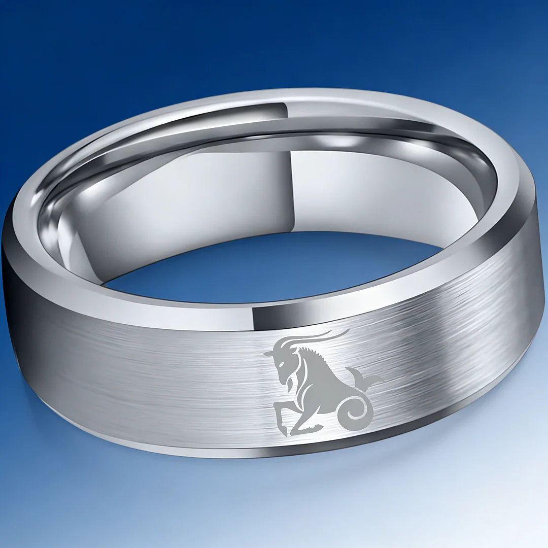 Mens Womens Sliver Capricorn Tungsten Carbide Rings Sliver Edges and Laser Etched Wedding Bands Comfort Fit 4MM 6MM 8MM Width