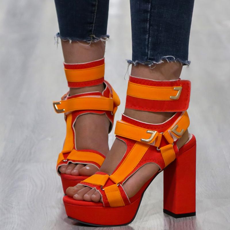 Women peep toe support straps chunky high heels velcro sandals