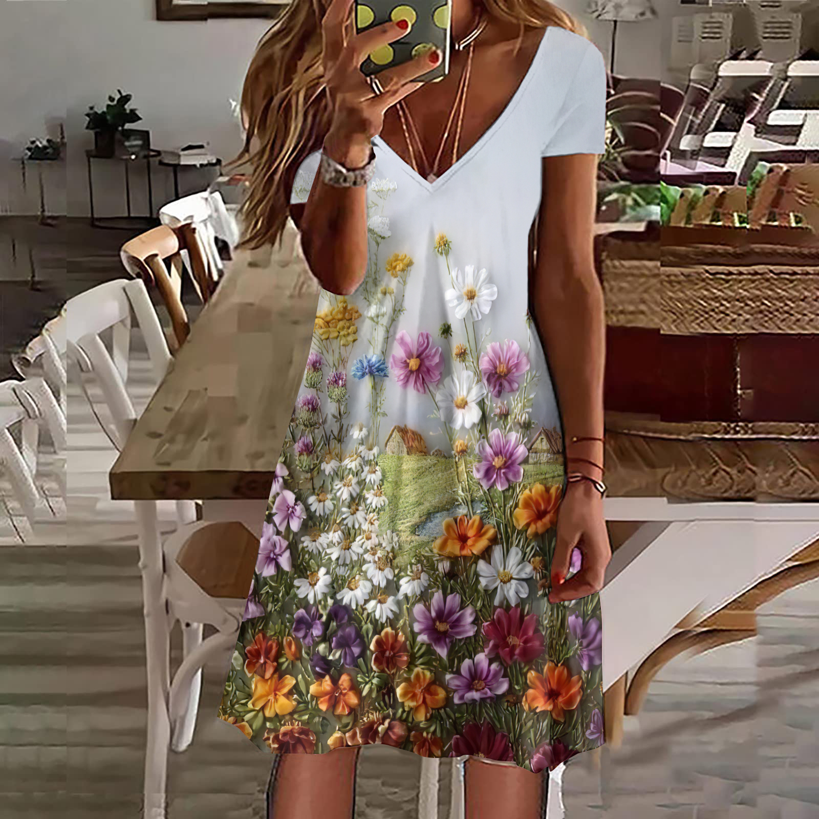 Floral Print V-Neck Short Sleeved Midi Dress wearshes