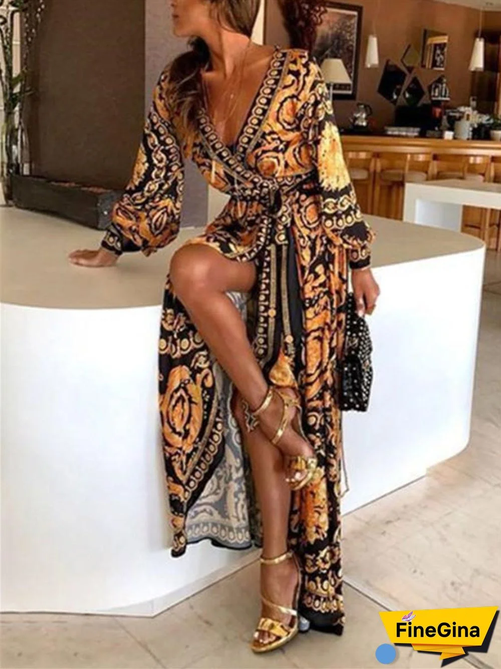 Women Long Sleeve V-neck Lace-up Graphic Maxi Dress