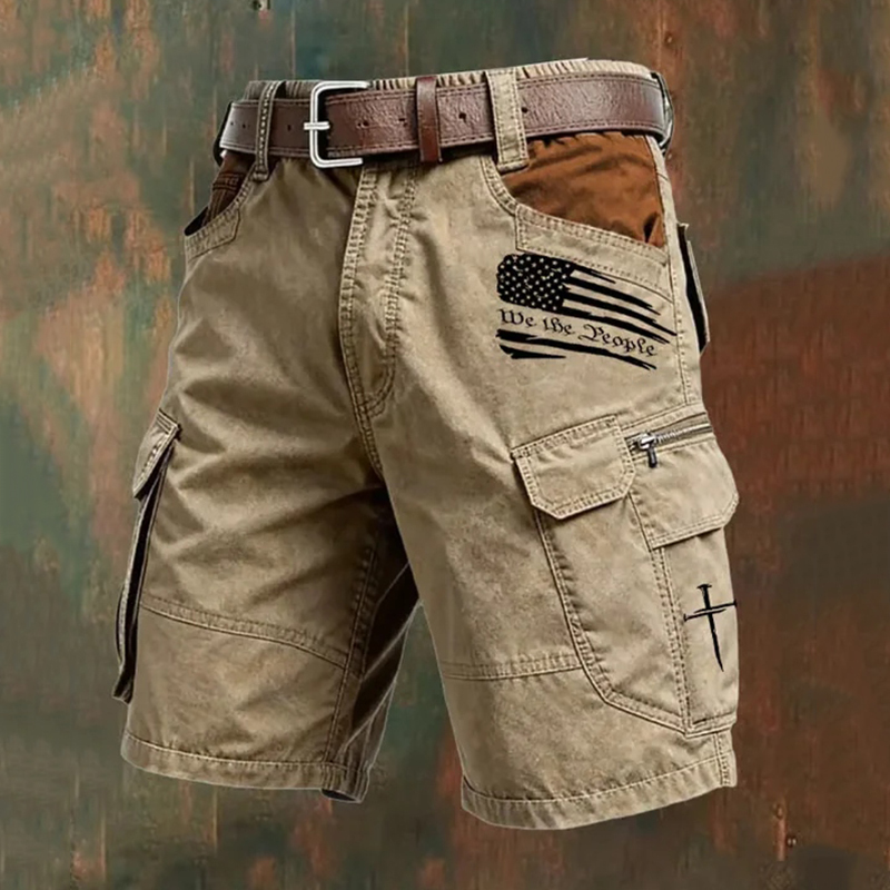 Comstylish Men's Retro Flag Cross Multi-pocket Print Cargo Shorts (belt Not Included)