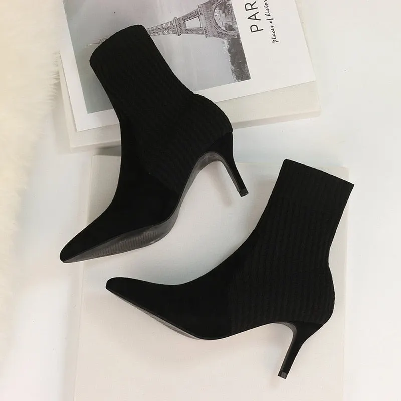 2021 Winter Sock Boots Sexy Knitting Stretch Boots High Heels for Women Fashion Shoes Female Stripe Autumn Ankle Boots Booties