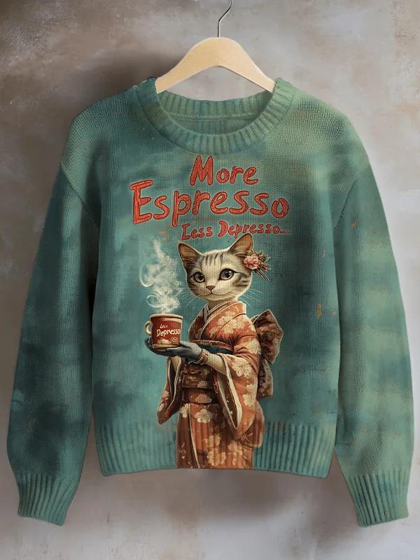 Women's More Espresso Less Depresso Cat And Coffee Art Print Knit Sweatshirt