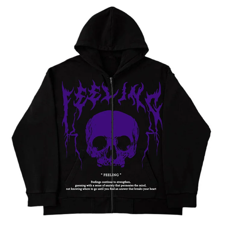  Y2K Loose Jacket Top Skull Print Gothic Long Sleeve Zipper Hooded Sweatshirt at Hiphopee