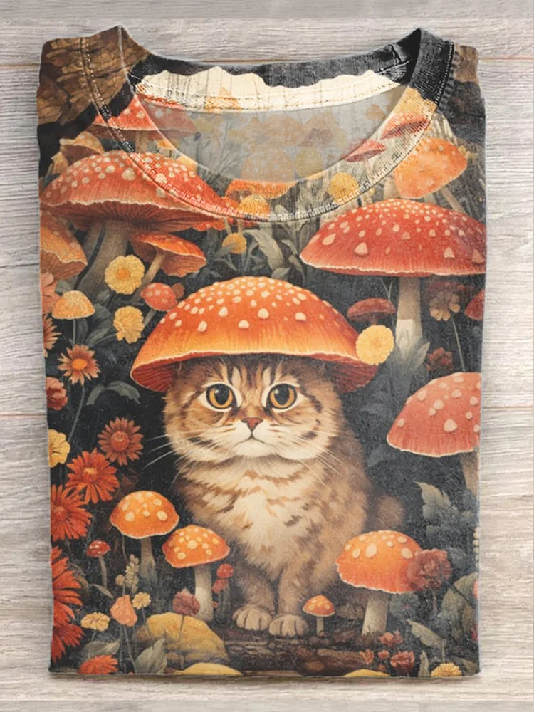 Unisex Mushroom Cat Art Illustration Print Casual Short Sleeve T-Shirt