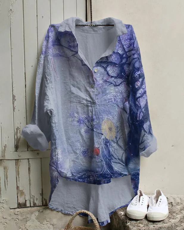 Purple Floral Jungle Print Cotton And Linen Tunic Shirt