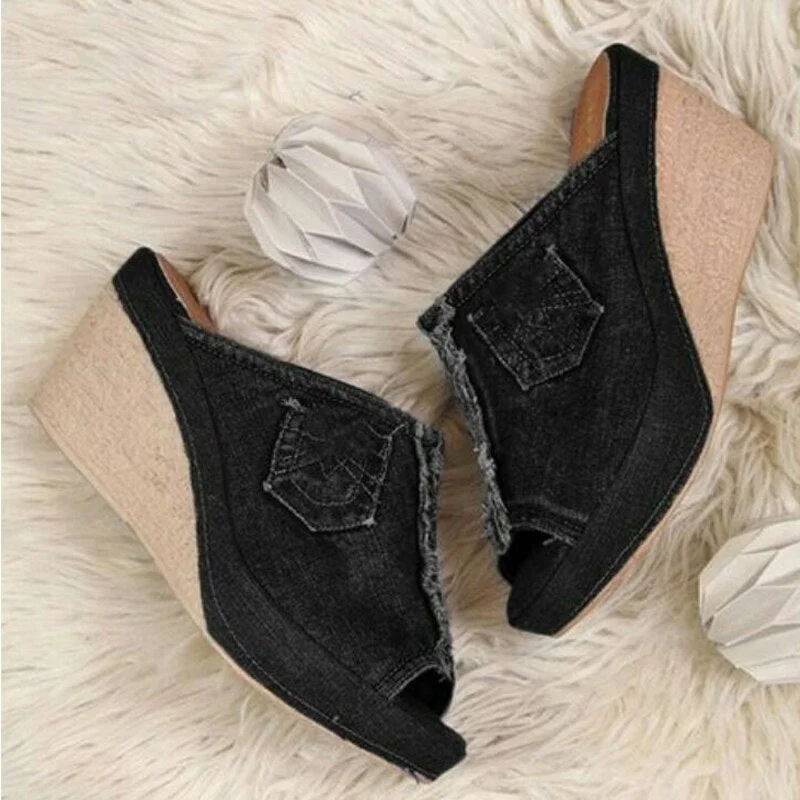 Summer Women's Denim Sandals Wedge High Heels Peep Toe Slippers Flip Flops Shoes Women Platform Sandals Slides Slippers Shoes