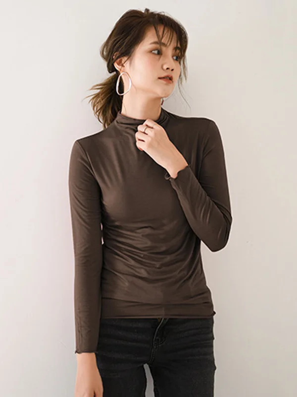 10 Colors Simple Solid Color Long Sleeves High-Neck T-Shirt Top
