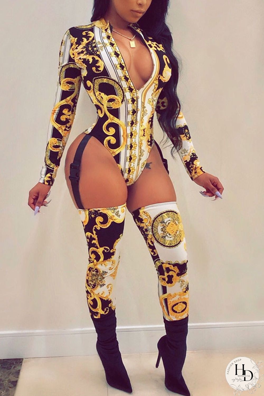 rose red Polyester Long Sleeve Print Patchwork Skinny shorts